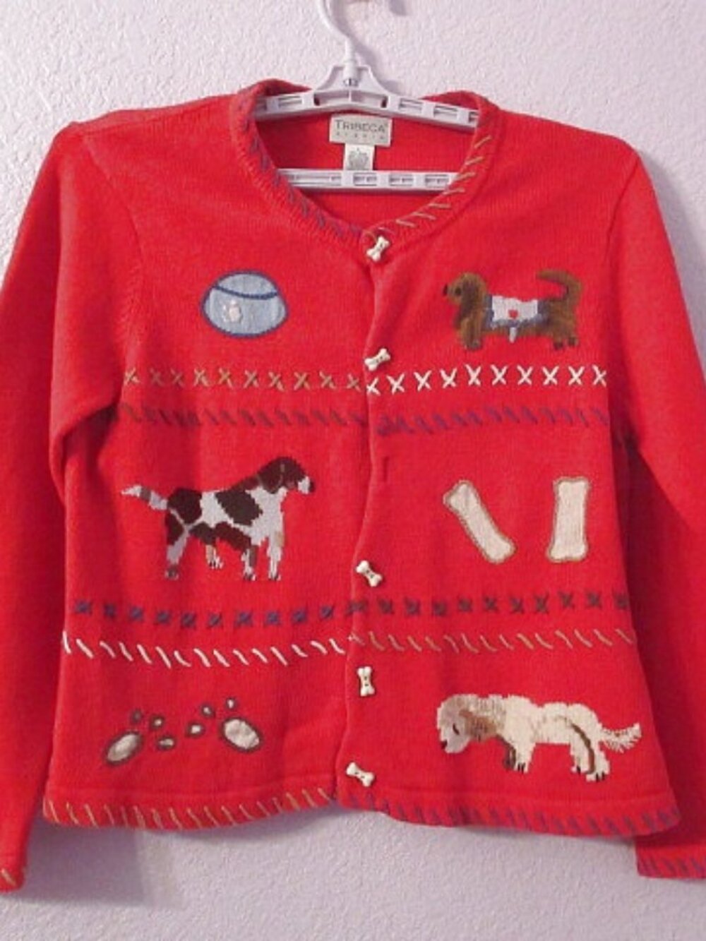 Vtg Embroidered Dog Sweater Size L Bone Button Knit Cardigan Granny Cabincore